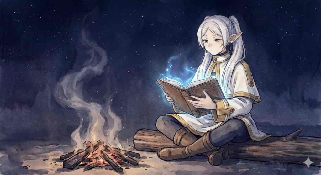 【ファンアート】野営中、焚き火のそばで本を読むフリーレン