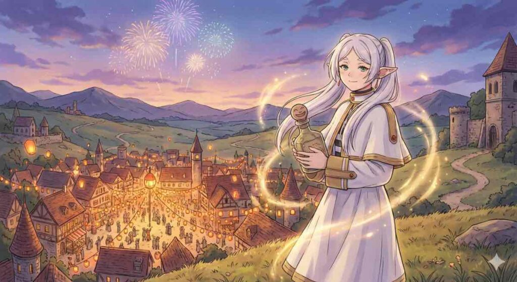 【ファンアート】ボースハフトを抱えながら祭りを眺めるフリーレン